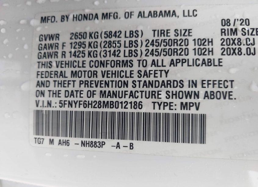 Photo 9 of 2021 Honda Pilot AWD SPECIAL EDITION (VIN 5FNYF6H28MB012186)