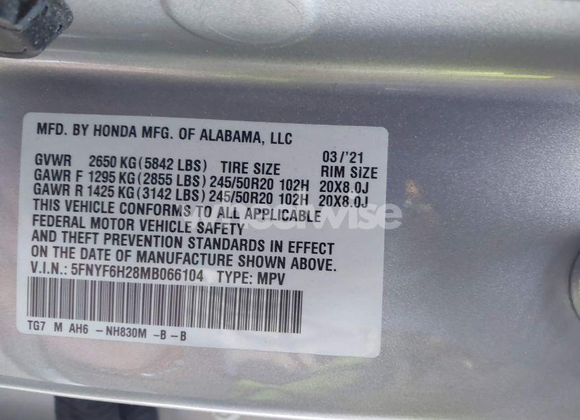 Photo 9 of 2021 Honda Pilot AWD SPECIAL EDITION (VIN 5FNYF6H28MB066104)