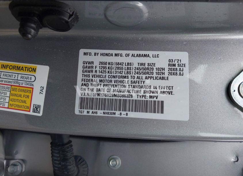 Photo 9 of 2021 Honda Pilot AWD SPECIAL EDITION (VIN 5FNYF6H28MB066328)