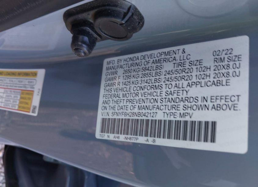 Photo 9 of 2022 Honda Pilot AWD SPECIAL EDITION (VIN 5FNYF6H28NB042127)