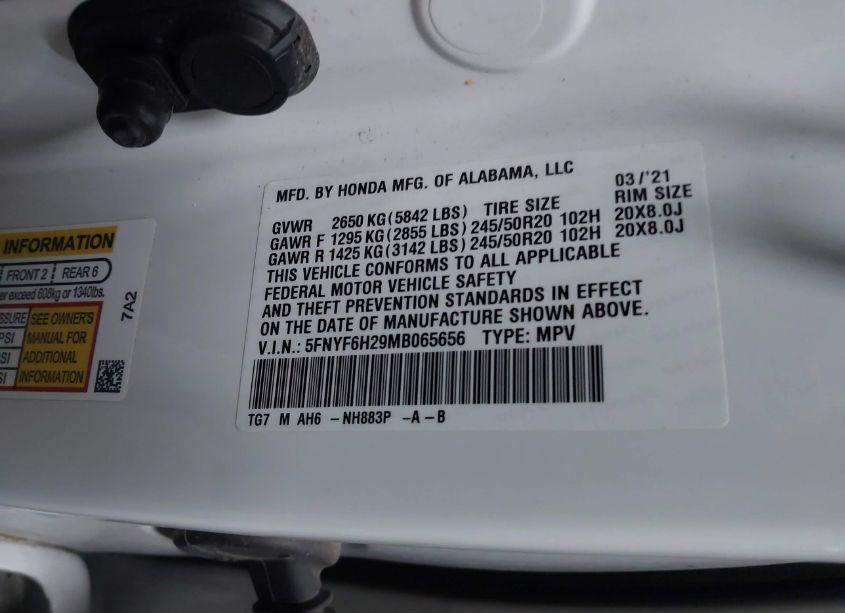 Photo 9 of 2021 Honda Pilot AWD SPECIAL EDITION (VIN 5FNYF6H29MB065656)