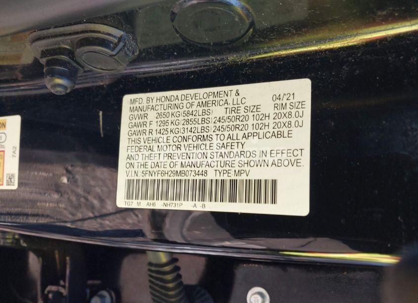 Photo 9 of 2021 Honda Pilot AWD SPECIAL EDITION (VIN 5FNYF6H29MB073448)