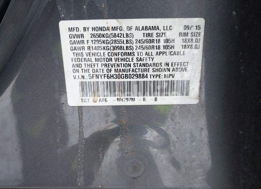 Photo 9 of 2016 Honda Pilot EX (VIN 5FNYF6H30GB029884)