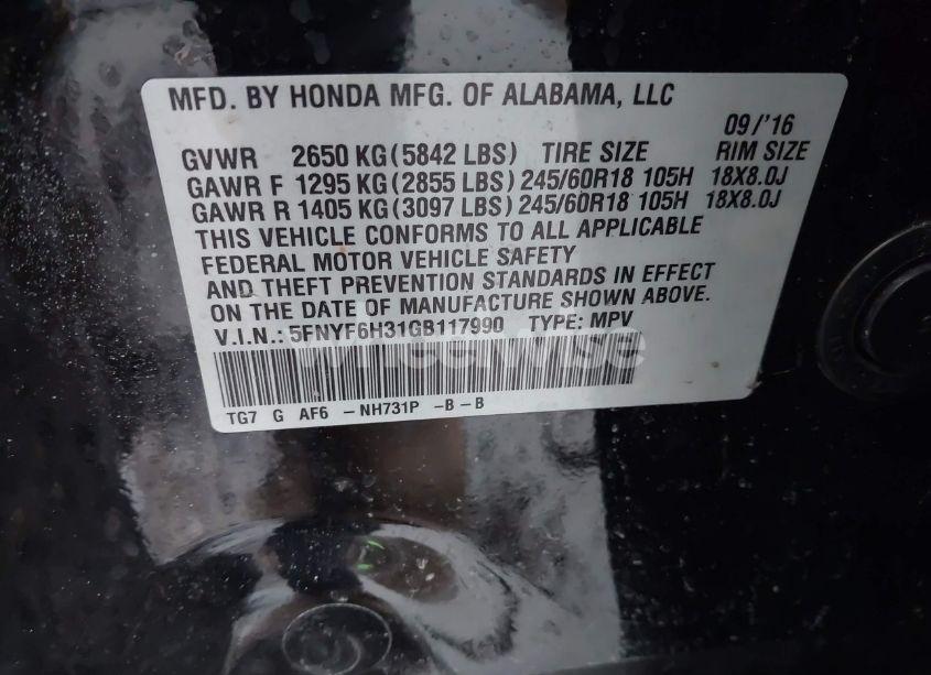 Photo 9 of 2016 Honda Pilot EX (VIN 5FNYF6H31GB117990)