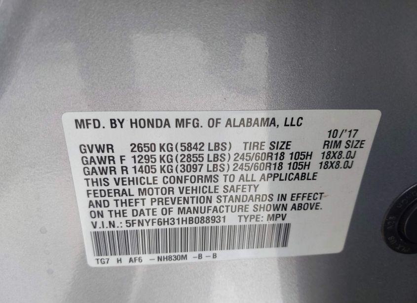 Photo 9 of 2017 Honda Pilot EX (VIN 5FNYF6H31HB088931)