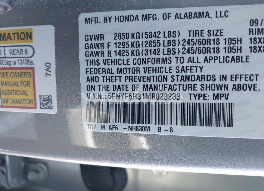 Photo 9 of 2021 Honda Pilot AWD EX (VIN 5FNYF6H31MB023233)