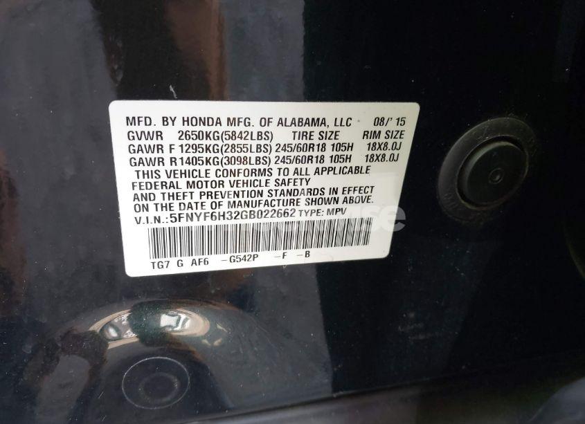 Photo 9 of 2016 Honda Pilot EX (VIN 5FNYF6H32GB022662)