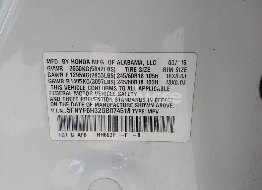 Photo 9 of 2016 Honda Pilot EX (VIN 5FNYF6H32GB074518)