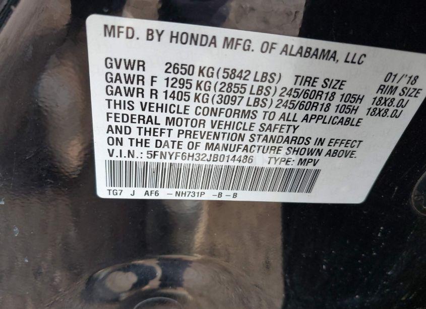 Photo 9 of 2018 Honda Pilot EX (VIN 5FNYF6H32JB014486)