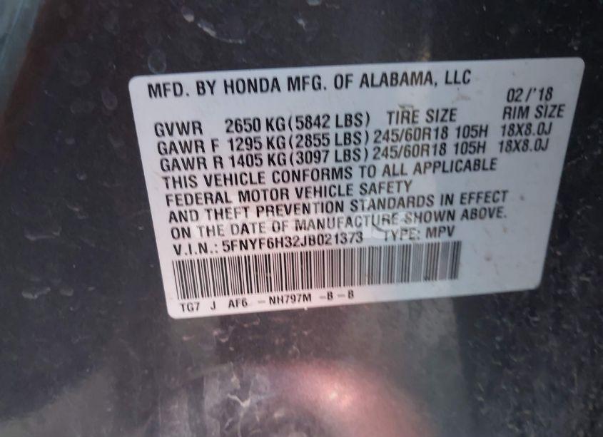 Photo 9 of 2018 Honda Pilot EX (VIN 5FNYF6H32JB021373)