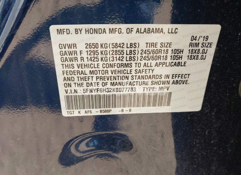 Photo 9 of 2019 Honda Pilot EX (VIN 5FNYF6H32KB077783)