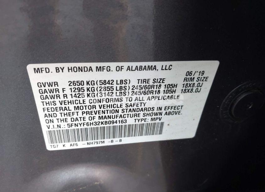 Photo 9 of 2019 Honda Pilot EX (VIN 5FNYF6H32KB094163)