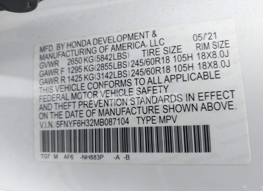 Photo 9 of 2021 Honda Pilot AWD EX (VIN 5FNYF6H32MB087104)