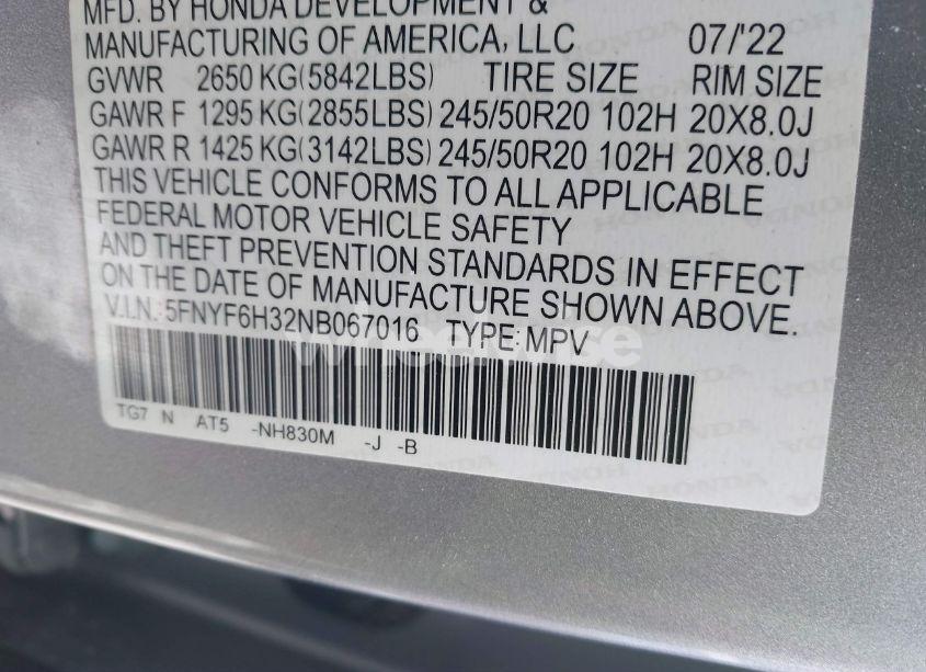 Photo 9 of 2022 Honda Pilot AWD SPORT (VIN 5FNYF6H32NB067016)