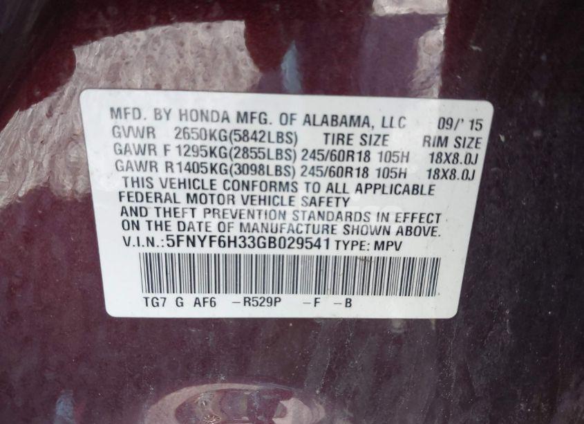 Photo 9 of 2016 Honda Pilot EX (VIN 5FNYF6H33GB029541)