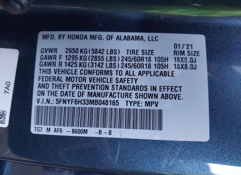 Photo 9 of 2021 Honda Pilot AWD EX (VIN 5FNYF6H33MB048165)