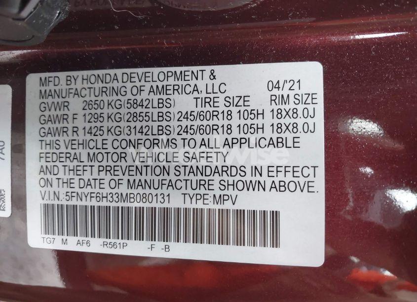 Photo 9 of 2021 Honda Pilot AWD EX (VIN 5FNYF6H33MB080131)