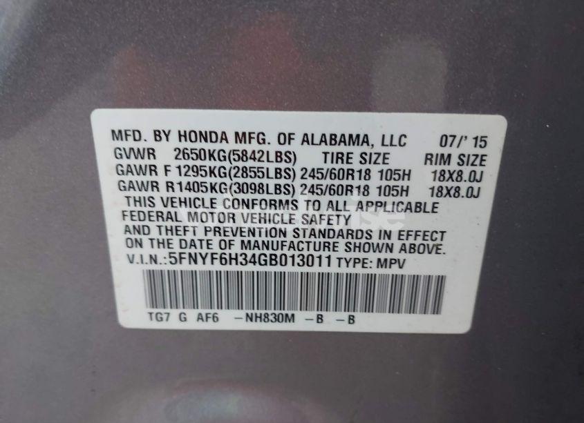 Photo 9 of 2016 Honda Pilot EX (VIN 5FNYF6H34GB013011)