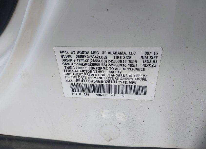 Photo 9 of 2016 Honda Pilot EX (VIN 5FNYF6H34GB026101)