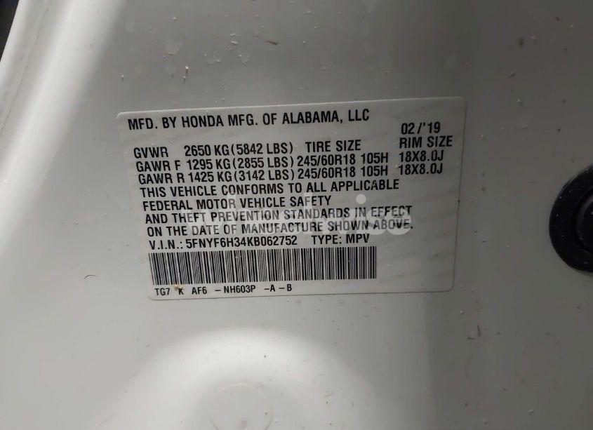 Photo 9 of 2019 Honda Pilot EX (VIN 5FNYF6H34KB062752)