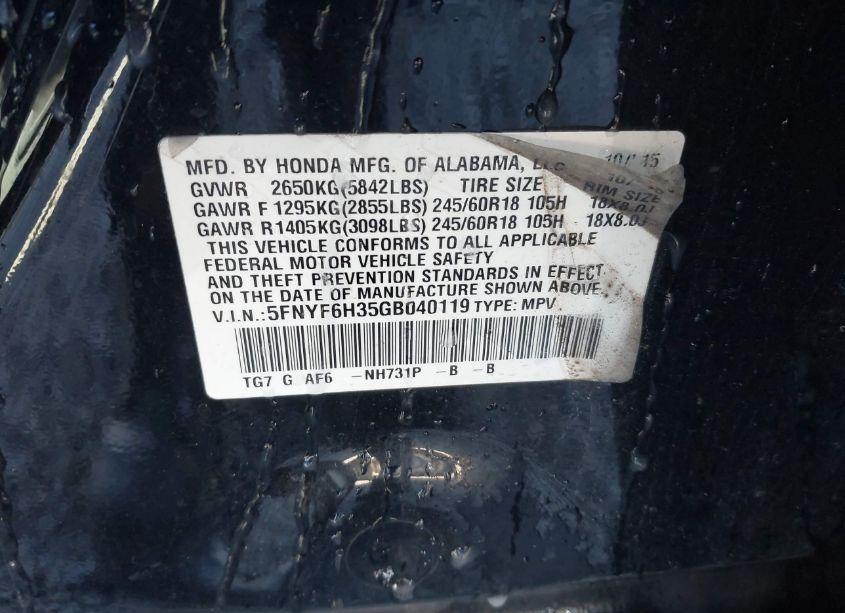 Photo 9 of 2016 Honda Pilot EX (VIN 5FNYF6H35GB040119)