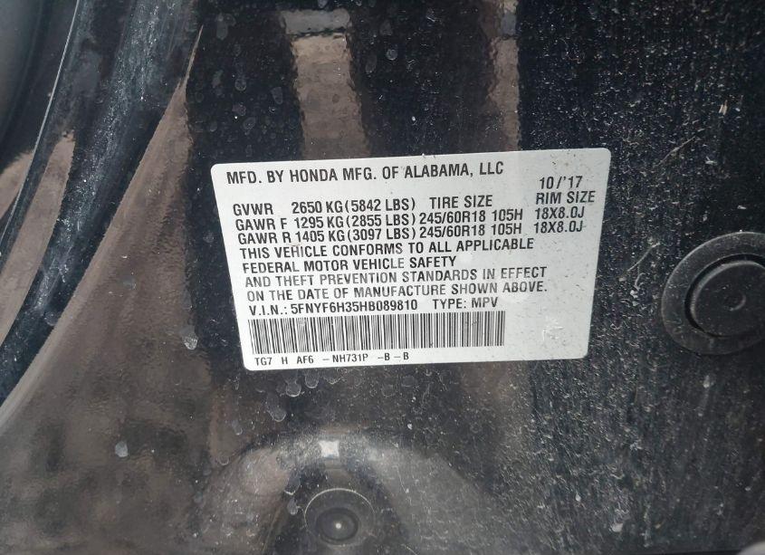 Photo 9 of 2017 Honda Pilot EX (VIN 5FNYF6H35HB089810)