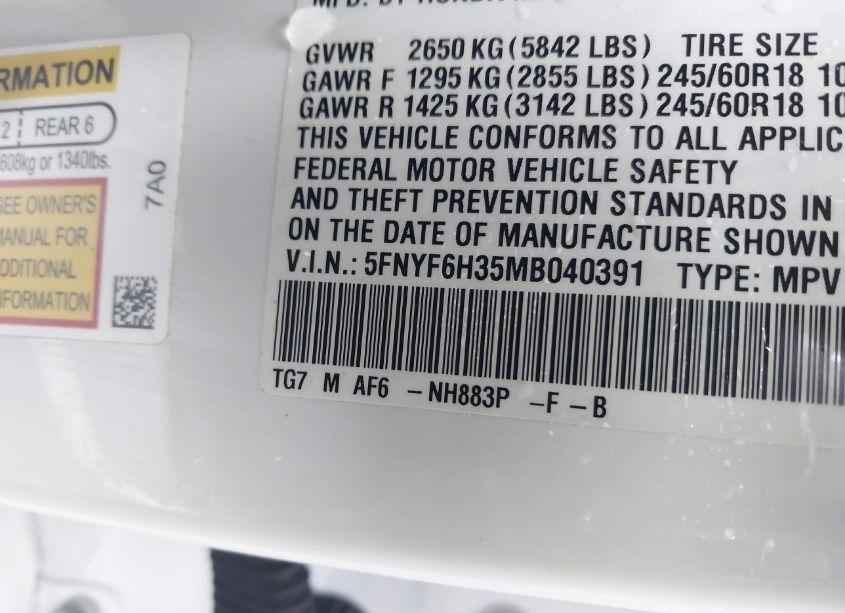 Photo 9 of 2021 Honda Pilot AWD EX (VIN 5FNYF6H35MB040391)