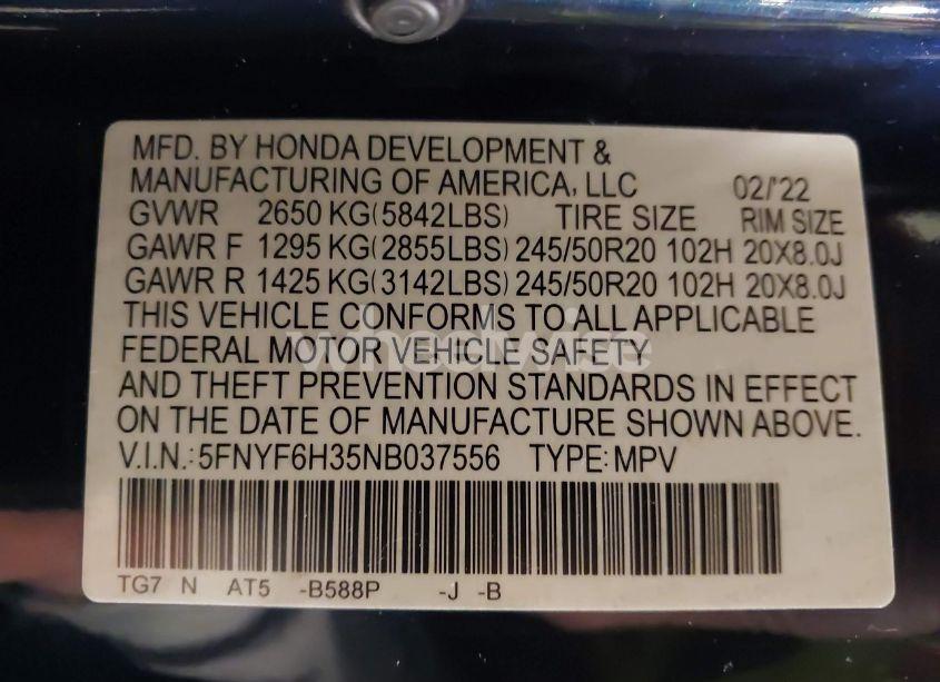 Photo 9 of 2022 Honda Pilot AWD SPORT (VIN 5FNYF6H35NB037556)