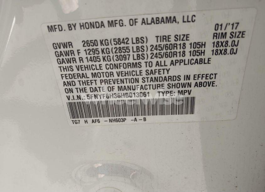 Photo 9 of 2017 Honda Pilot EX (VIN 5FNYF6H36HB013061)