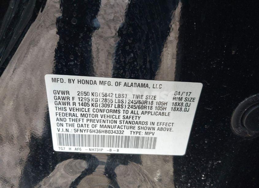 Photo 9 of 2017 Honda Pilot EX (VIN 5FNYF6H36HB034332)