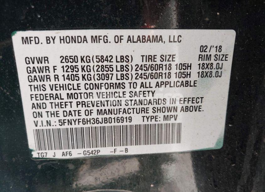 Photo 9 of 2018 Honda Pilot EX (VIN 5FNYF6H36JB016919)