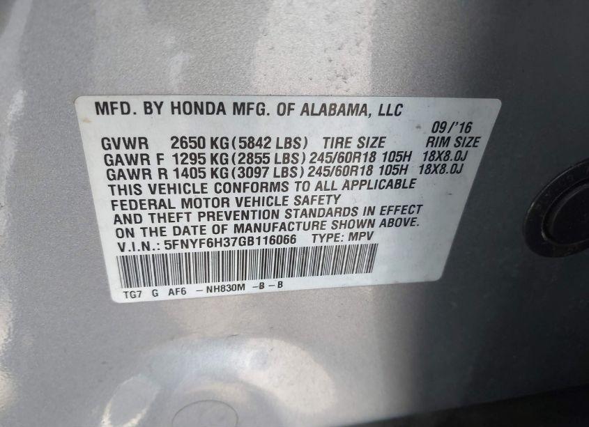 Photo 9 of 2016 Honda Pilot EX (VIN 5FNYF6H37GB116066)