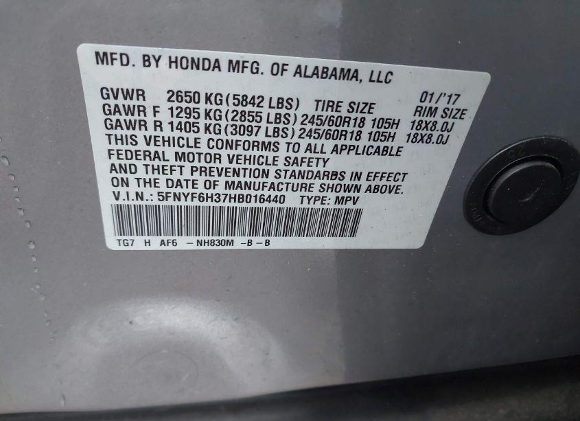 Photo 9 of 2017 Honda Pilot EX (VIN 5FNYF6H37HB016440)