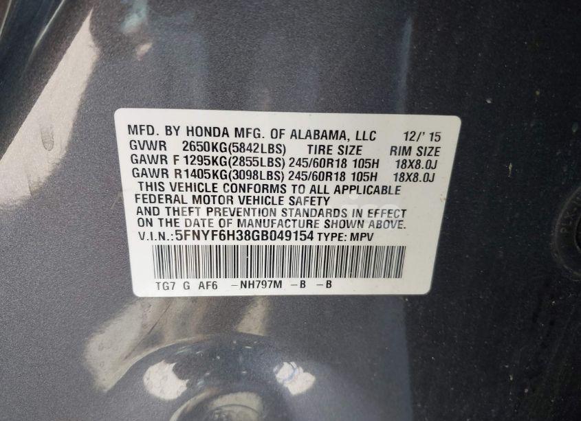 Photo 9 of 2016 Honda Pilot EX (VIN 5FNYF6H38GB049154)