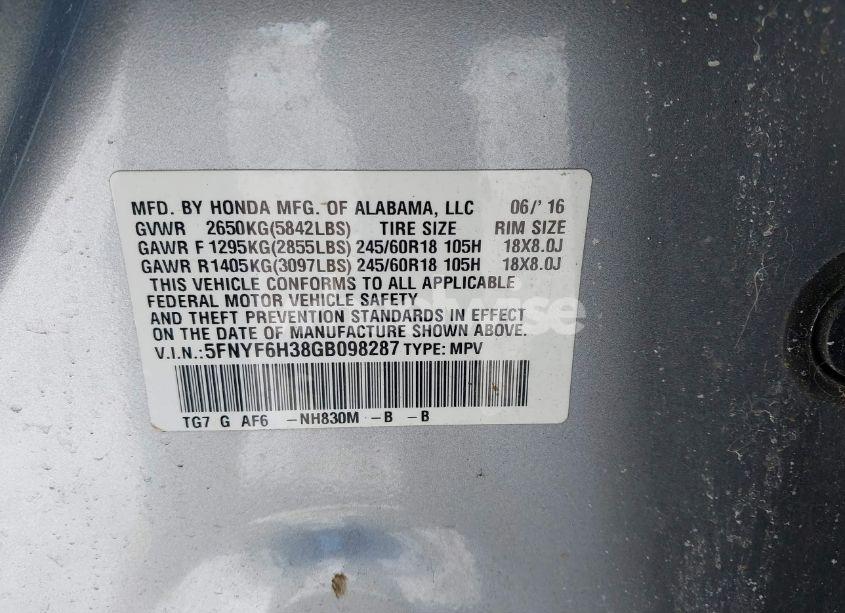 Photo 9 of 2016 Honda Pilot EX (VIN 5FNYF6H38GB098287)