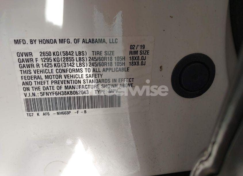 Photo 9 of 2019 Honda Pilot EX (VIN 5FNYF6H38KB062043)