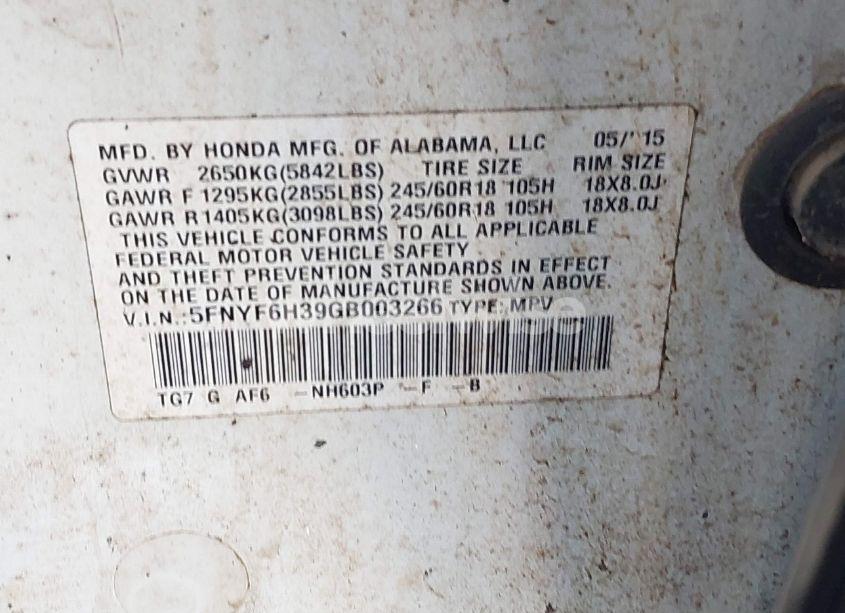 Photo 9 of 2016 Honda Pilot EX (VIN 5FNYF6H39GB003266)