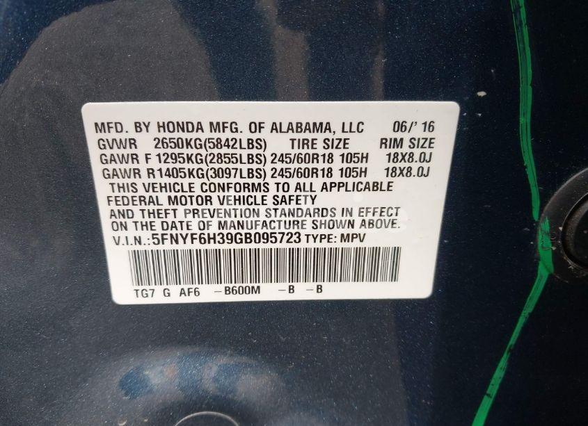 Photo 9 of 2016 Honda Pilot EX (VIN 5FNYF6H39GB095723)