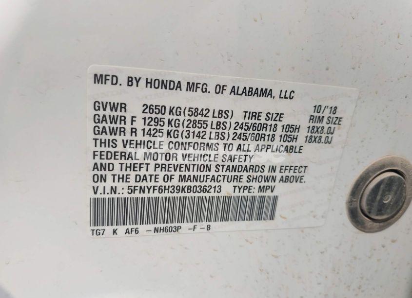 Photo 9 of 2019 Honda Pilot EX (VIN 5FNYF6H39KB036213)