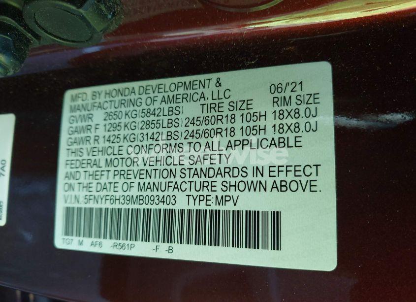 Photo 9 of 2021 Honda Pilot AWD EX (VIN 5FNYF6H39MB093403)