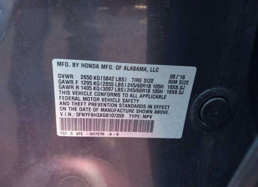 Photo 9 of 2016 Honda Pilot EX (VIN 5FNYF6H3XGB107359)