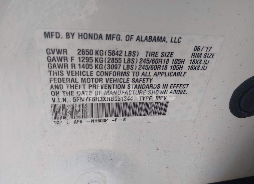 Photo 9 of 2017 Honda Pilot EX (VIN 5FNYF6H3XHB051344)