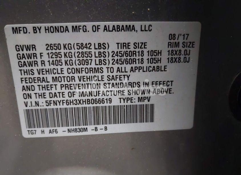 Photo 9 of 2017 Honda Pilot EX (VIN 5FNYF6H3XHB066619)