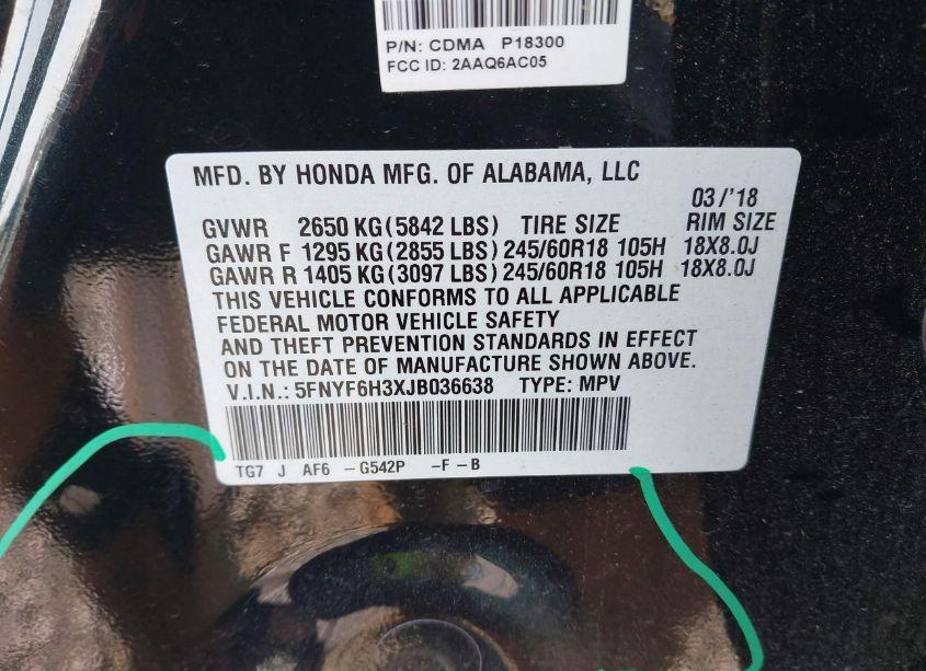 Photo 9 of 2018 Honda Pilot EX (VIN 5FNYF6H3XJB036638)