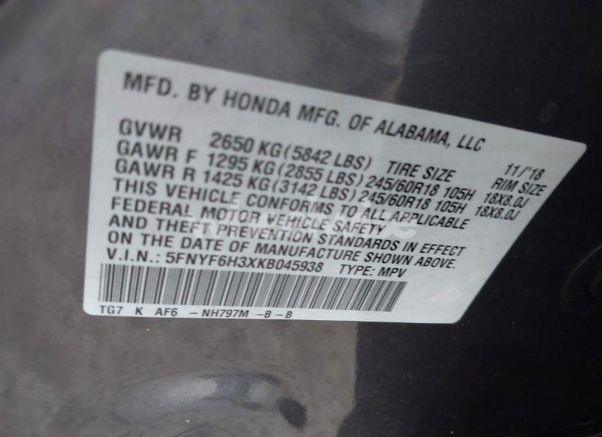 Photo 9 of 2019 Honda Pilot EX (VIN 5FNYF6H3XKB045938)