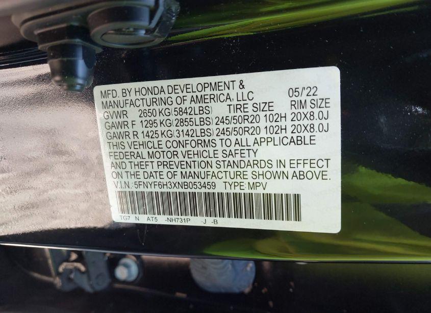 Photo 9 of 2022 Honda Pilot AWD SPORT (VIN 5FNYF6H3XNB053459)