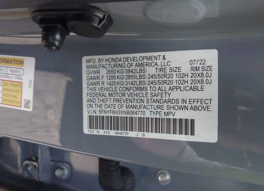 Photo 9 of 2022 Honda Pilot AWD SPORT (VIN 5FNYF6H3XNB064770)