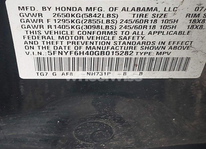 Photo 9 of 2016 Honda Pilot EX (VIN 5FNYF6H40GB015282)