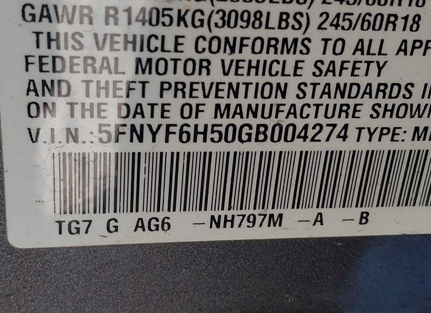 Photo 9 of 2016 Honda Pilot EX-L (VIN 5FNYF6H50GB004274)