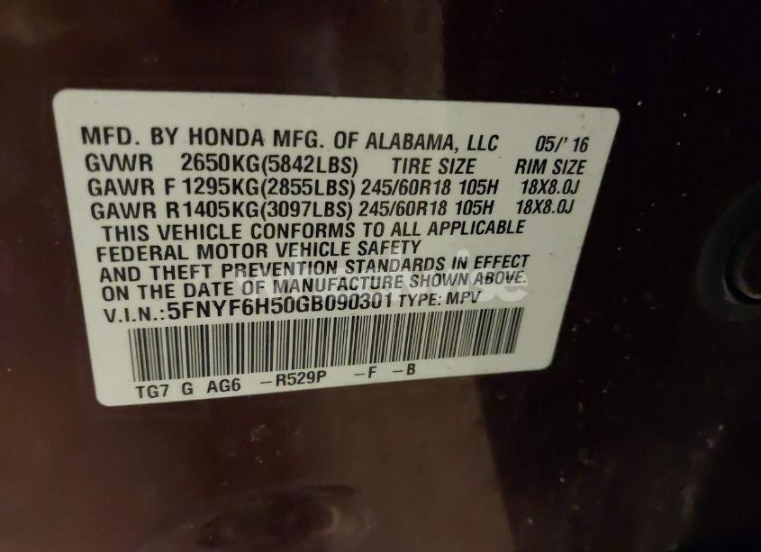 Photo 9 of 2016 Honda Pilot EX-L (VIN 5FNYF6H50GB090301)